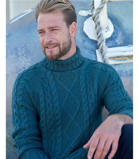 Aegean Sea Pure Wool Knitted Aran Polo Neck Jumper Woolovers Uk