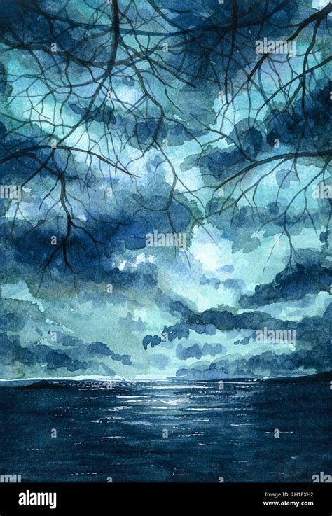 Watercolor Painting Cloudy Blue Sky Moonlight And Sea Painted By The