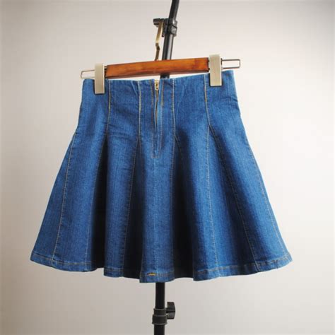 2015 High Waist Pleated Skirt Ruffle Denim Skirt Female Casual A Line