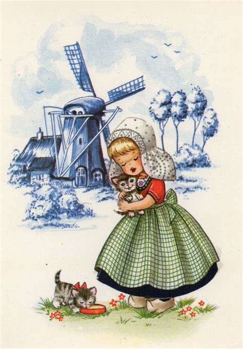 vintage postcard dutch girl and little kittens vintage postcard dutch girl vintage illustration