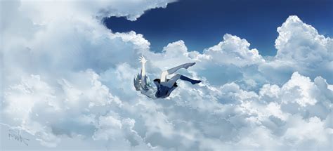 Wallpaper School Uniform Falling Down Anime Girl Sky Clouds