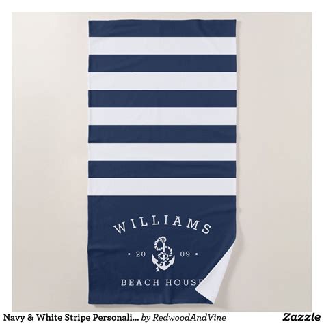 Navy And White Stripe Personalized Beach House Beach Towel Personalized