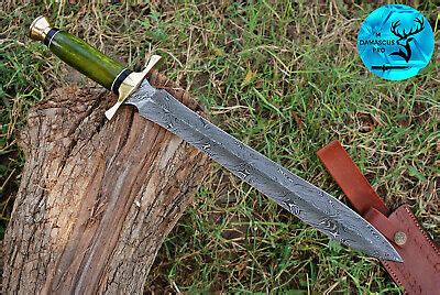 DAMASCUS STEEL DAGGER DOUBLE EDGE SWORD WITH BONE BRASS GUARD HANDLE