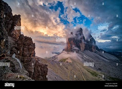 Panoramic View On The Mountain Group Tre Cime Di Lavaredo Seen From