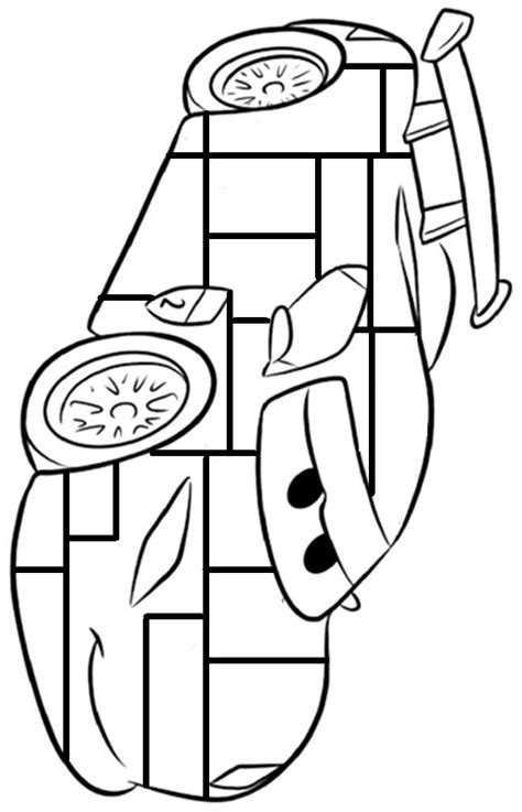 Cars auto, Bliksem, kleurplaat Mondriaan. Inkleuren met zwart, geel