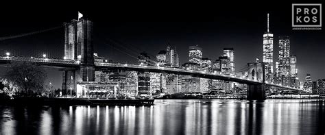 Panoramic Skyline Of Brooklyn Bridge And Manhattan At Night Black And