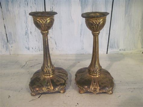 Antique Brass Pillar Candle Holder Set Of 2 Vintage Brass