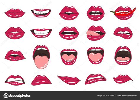 lips patch collection vector illustration of sexy doodle woman lips expressing different