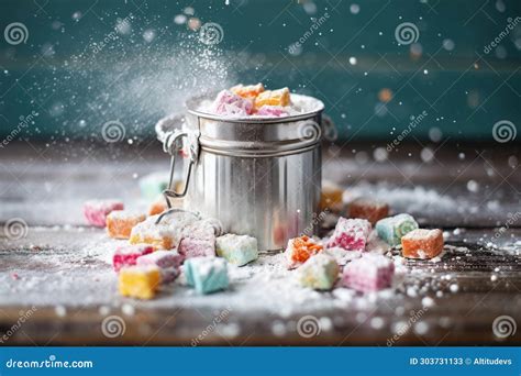 Loose Turkish Delight Pieces In A Rustic Metal Tin Powdered Sugar