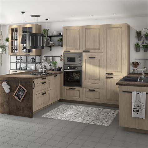 mobilier de cuisine bois clair et plan de travail bois foncé leroy merlin