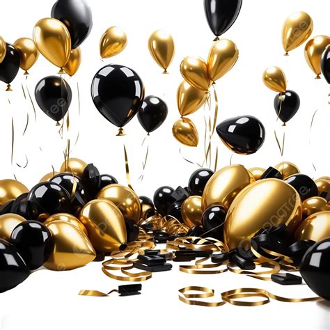 Gold And Black Balloons With Ribbons Isolated On Transparent Background