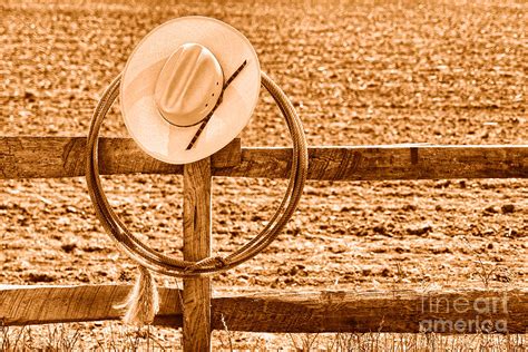 Hat And Lasso On A Fence Sepia Photograph By Olivier Le Queinec