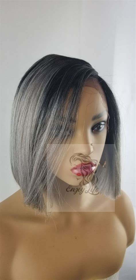 Human Hair Blend Lace Front Bob Cut Salt And Pepper Gray Ombre Wig