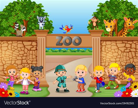 Kids Playing At Zoo With Zookeeper And Animal Vector Image