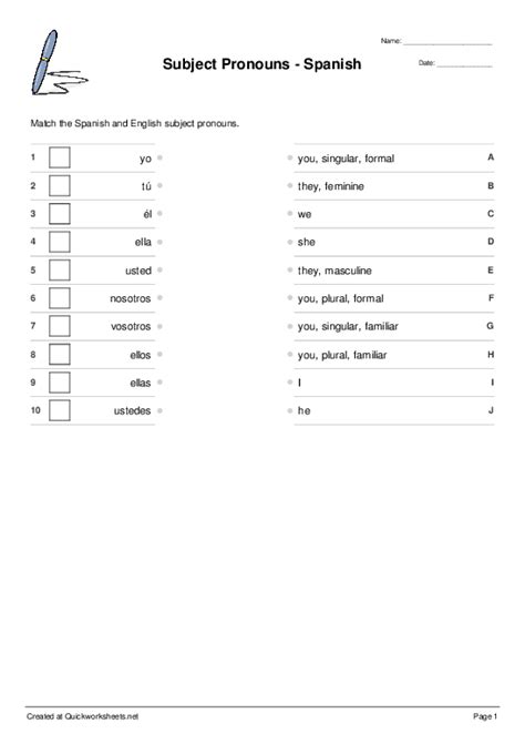 Subject Pronouns Spanish Worksheet