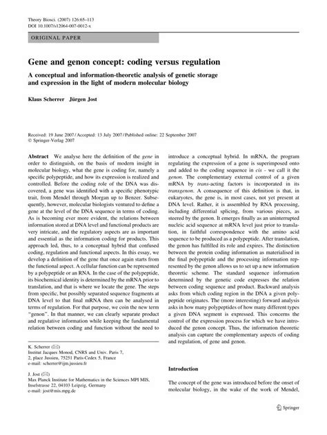 Pdf Gene And Genon Concept Coding Versus Regulation Springer