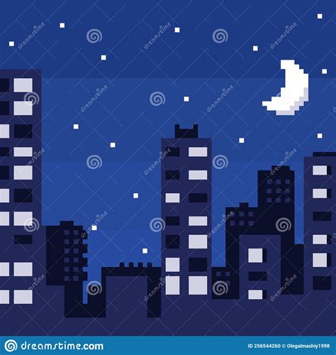 Pixel Art Night City With Landscape Sky Clouds City Silhouette