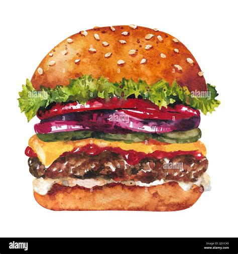 Watercolor Burger Classic American Cheeseburger Stock Photo Alamy