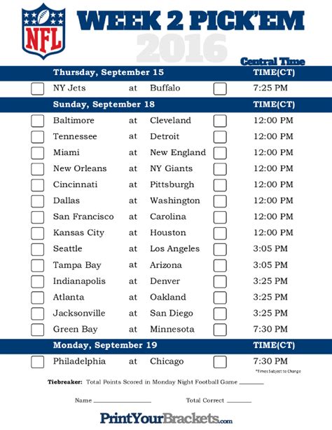 Sunday, september 20th, 2020 at 1:00pm et. Central Time Week 2 NFL Schedule 2016 - Printable