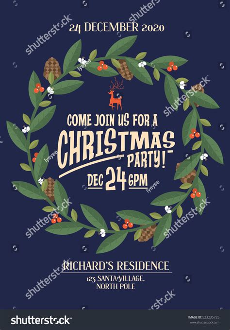 Christmas Wreathgarland Christmas Party Invitation Card Stock Vector