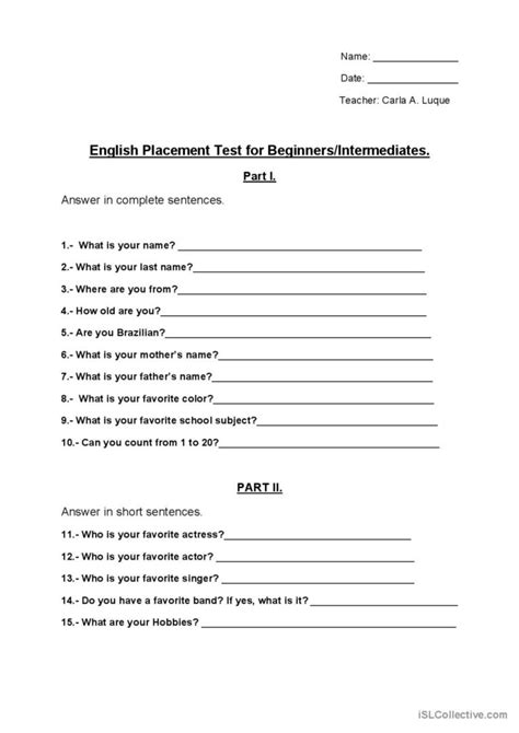 Placement Test For Basic 1 Level English Esl Worksheets Pdf And Doc