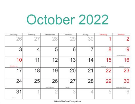 October 2022 Calendar Printable With Holidays Whatisthedatetodaycom
