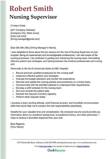 Nursing Supervisor Cover Letter Examples - QwikResume