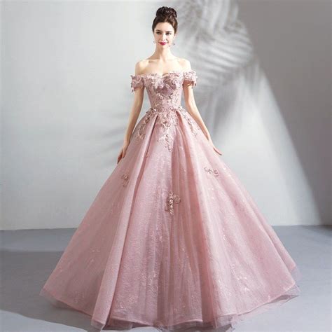 Pink Ball Gown Prom Dress Lace Flower Wedding Dress Pink Evening