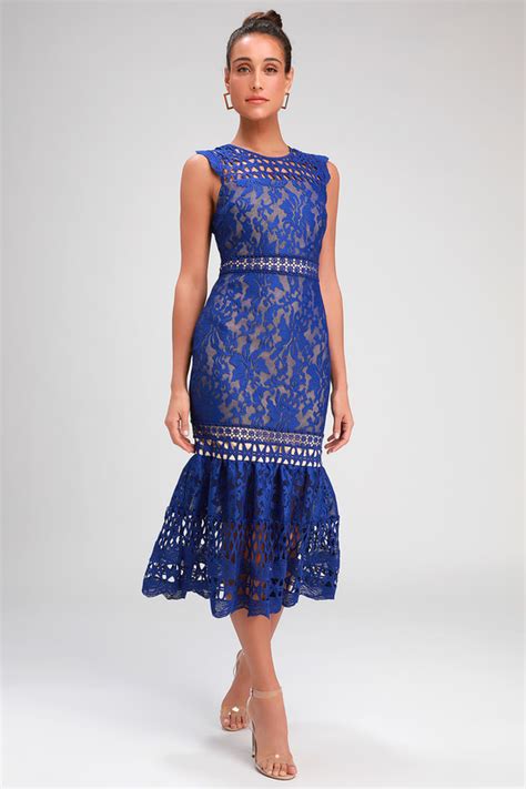 Lovely Royal Blue Dress Lace Dress Midi Dress Trumpet Midi Lulus