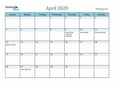 April 2020 Monthly Calendar With Philippines Holidays