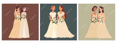 Premium Vector Set Of Three Lesbian Couple Marriage Homosexual Wedding Brides In Dress Lgbt