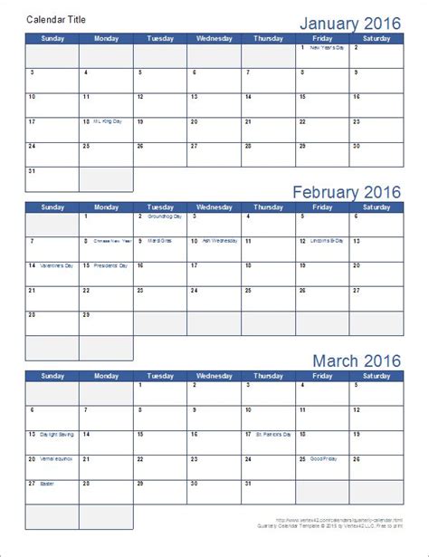 Download Free Quarterly Calendar Template