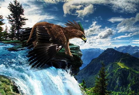 Magical Animals Scenery Waterfall Gryphon Eagle Landscape