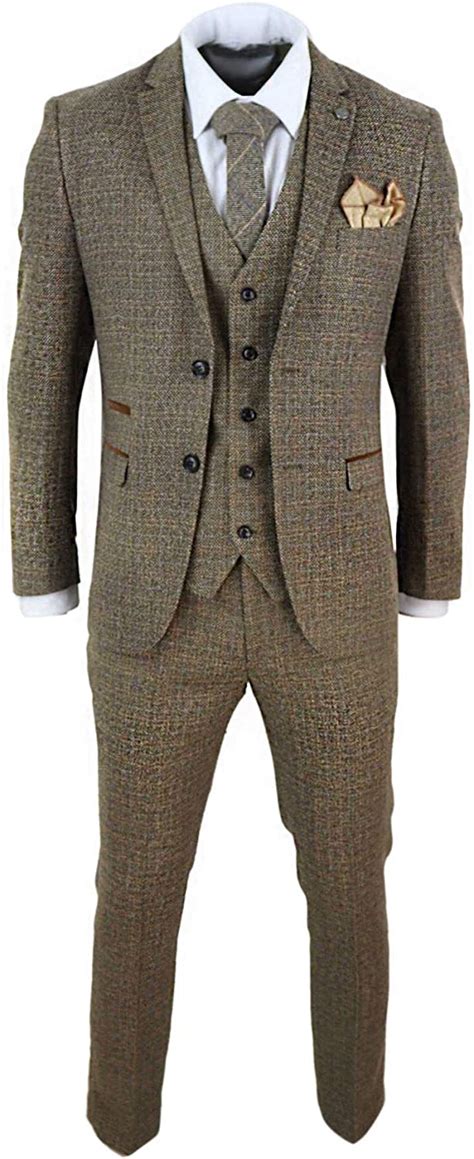 Mens 3 Piece Suit Tweed Check Vintage Retro Tailored Fit 1920s At