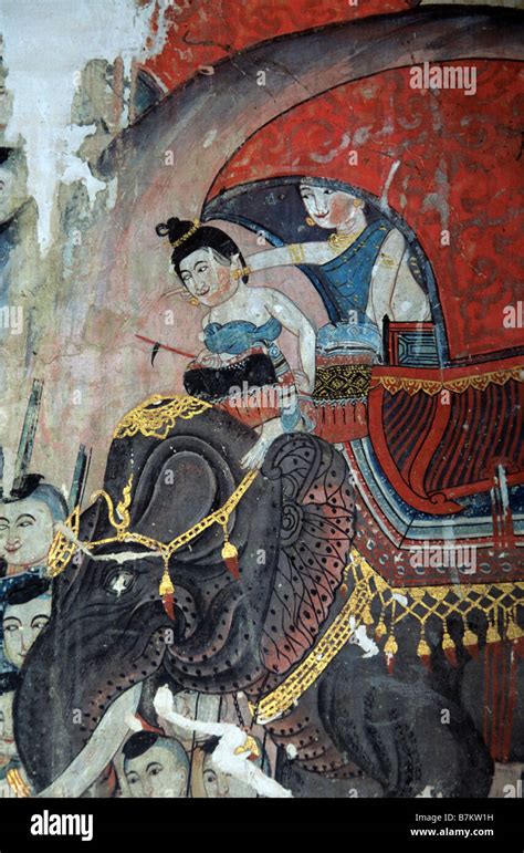 Thai Princesses In Decorated Howdah Riding Royal Elephant C19th Mural