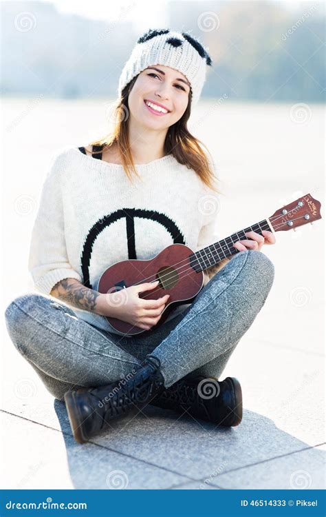 Young Woman Playing Ukulele Stock Image Image Of Rebellious Smiling