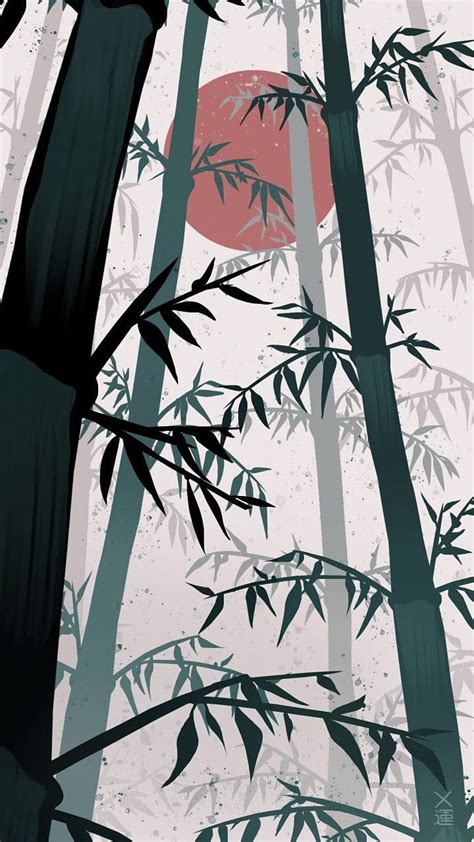 Japanese Sun Bamboo Forest Dark Самурайское искусство Иллюстрации арт