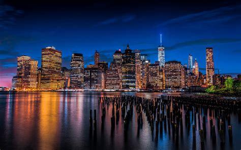 배경 화면 고층 빌딩 조명 밤 도시 강 뉴욕 맨하탄 미국 1920x1200 Hd 그림 이미지