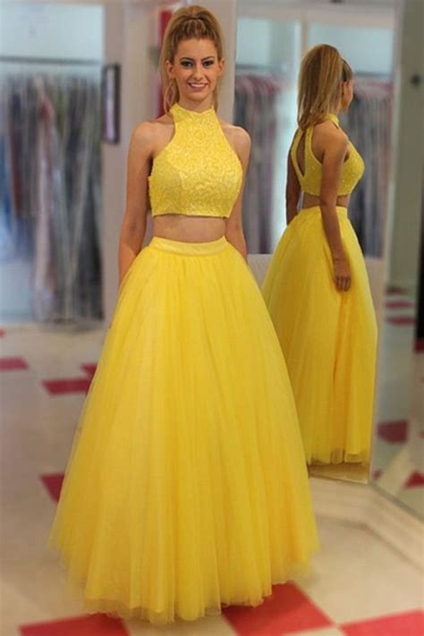Two Piece Jewel Floor Length Open Back Yellow Promevening Dress With