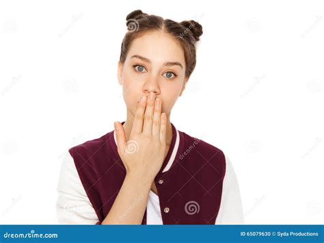 Confused Teenage Girl Covering Her Mouth By Hand Stock Photo Image Of