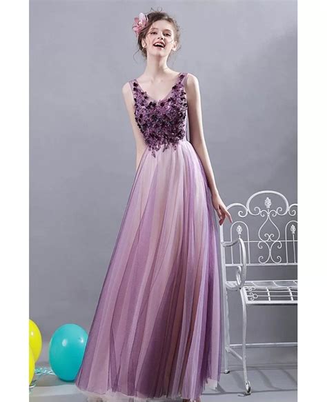 Ombre Purple Tulle A Line Long Prom Dress With Appliques Wholesale