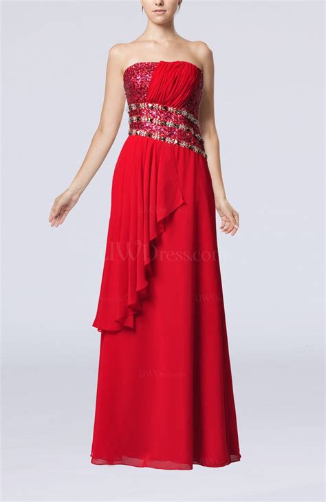 Red Glamorous Sheath Strapless Floor Length Beaded Party Dresses