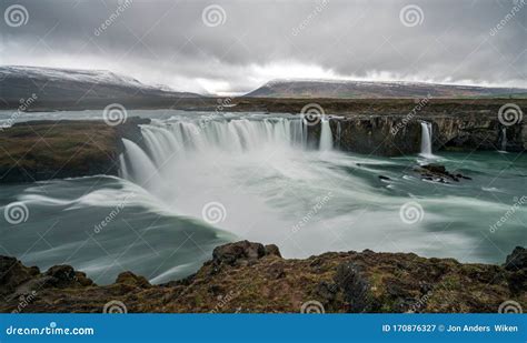 Panorama Of Godafoss Waterfall Near Akureyri In The Icelandic Highlands