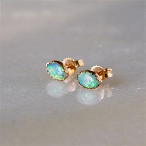 Oval Opal Studs K Solid Gold Opal Earrings Genuine Etsy