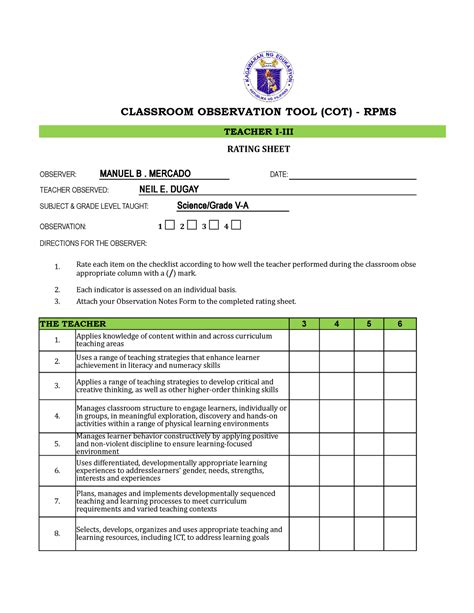 Cot Rpms Observation Form Fill And Sign Printable Template