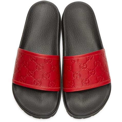 Gucci Leather Red Gg Supreme Pool Slides Lyst