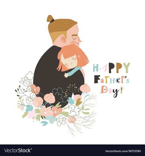 Cartoon Father Hugging His Daughter In Flowers Vector Image