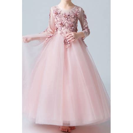 Robe Princesse Petite Fille Rose En Tulle Douce Manches Longues Brod Es