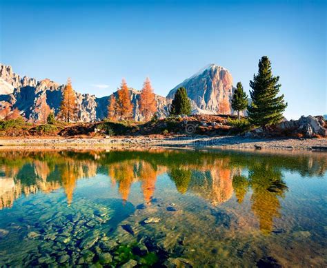 Splendid Autumn View Of Limides Lake And Lagazuoi Mountain Colorful