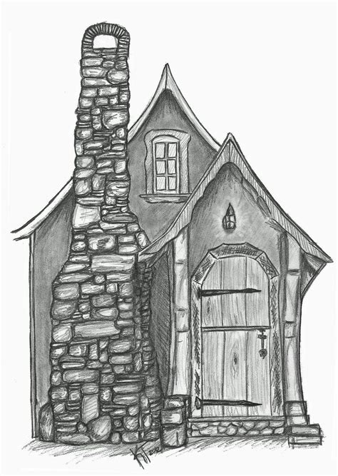 A Drawing Of A House Made Out Of Rocks With A Chimney And Door In The Front